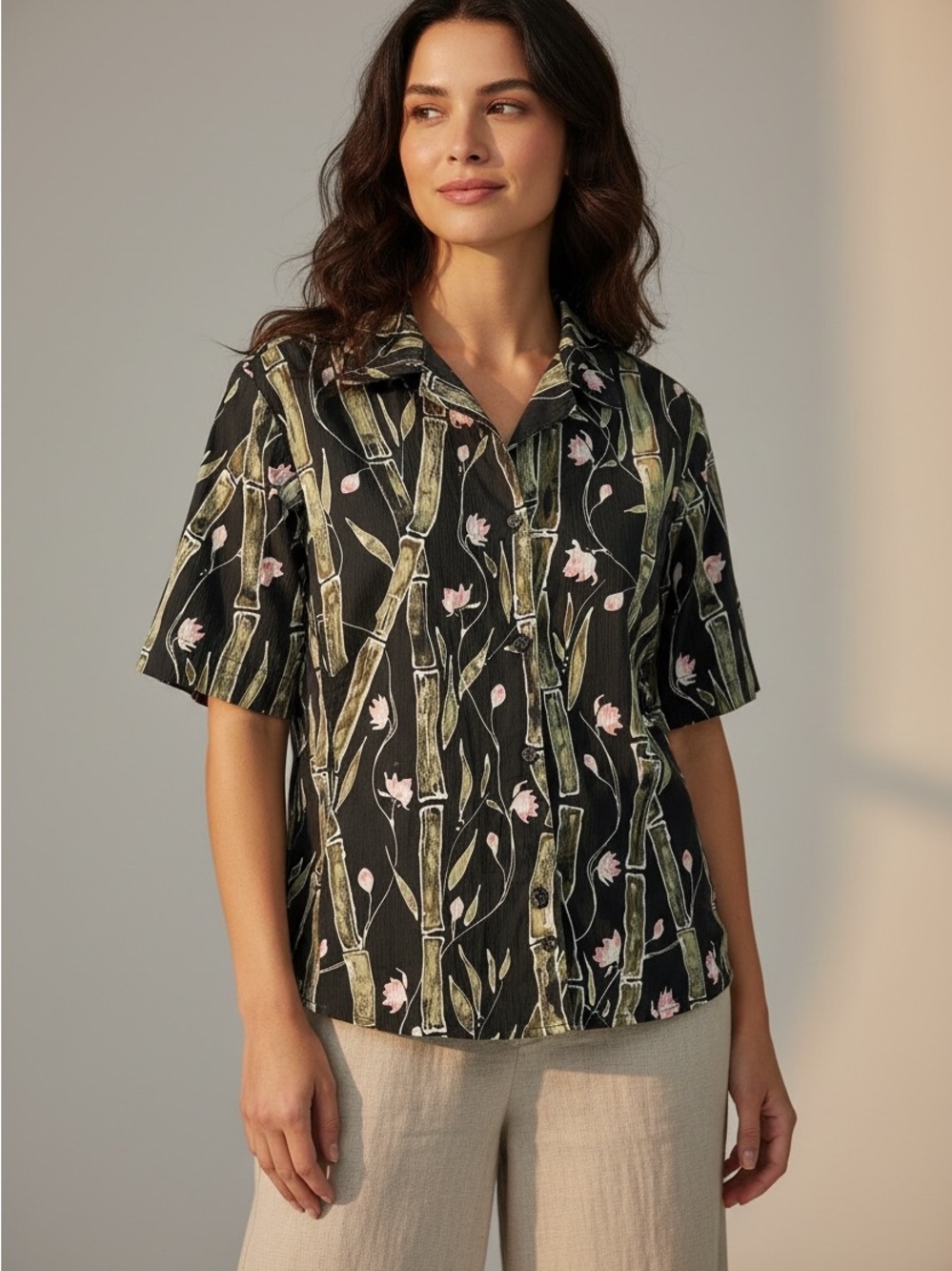 Columbia River Resort Shirt Womens XL Black Green Bamboo Floral Button Up Top